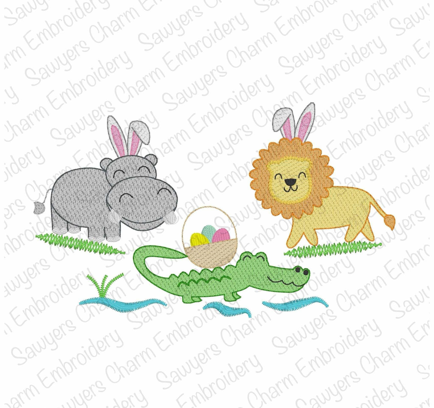 Easter Zoo/jungle/safari animals with bunny ears & basket of eggs sketch stitch trio, machine embroidery design, hippo, alligator, lion