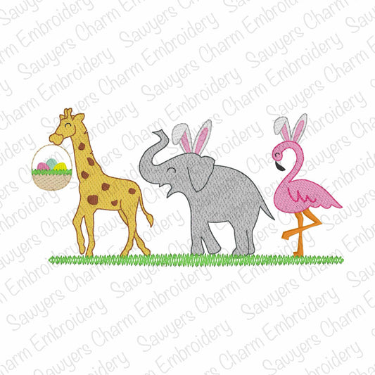 Easter Zoo/jungle/safari animals with bunny ears & basket of eggs sketch stitch trio, machine embroidery design, giraffe, elephant, flamingo