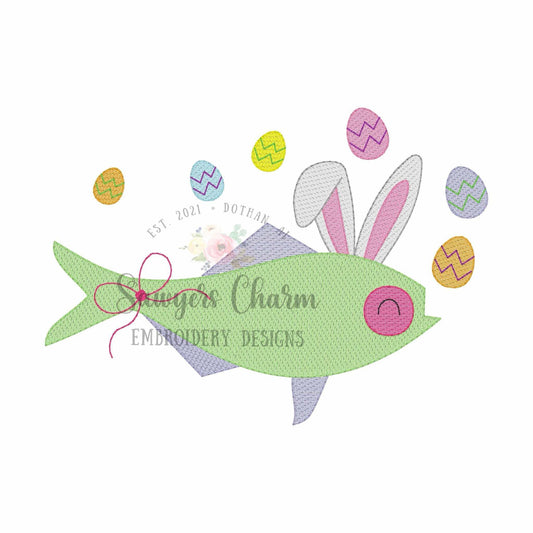 BUNDLE Easter fish with bunny rabbit ears & egg bubbles sketch stitch machine embroidery design, with/without coquette bow, fishing, spring