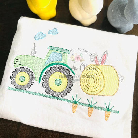Easter tractor with egg hay bale, bunny ears, & carrots sketch stitch machine embroidery design, quick stitch, spring harvest, farmer, field