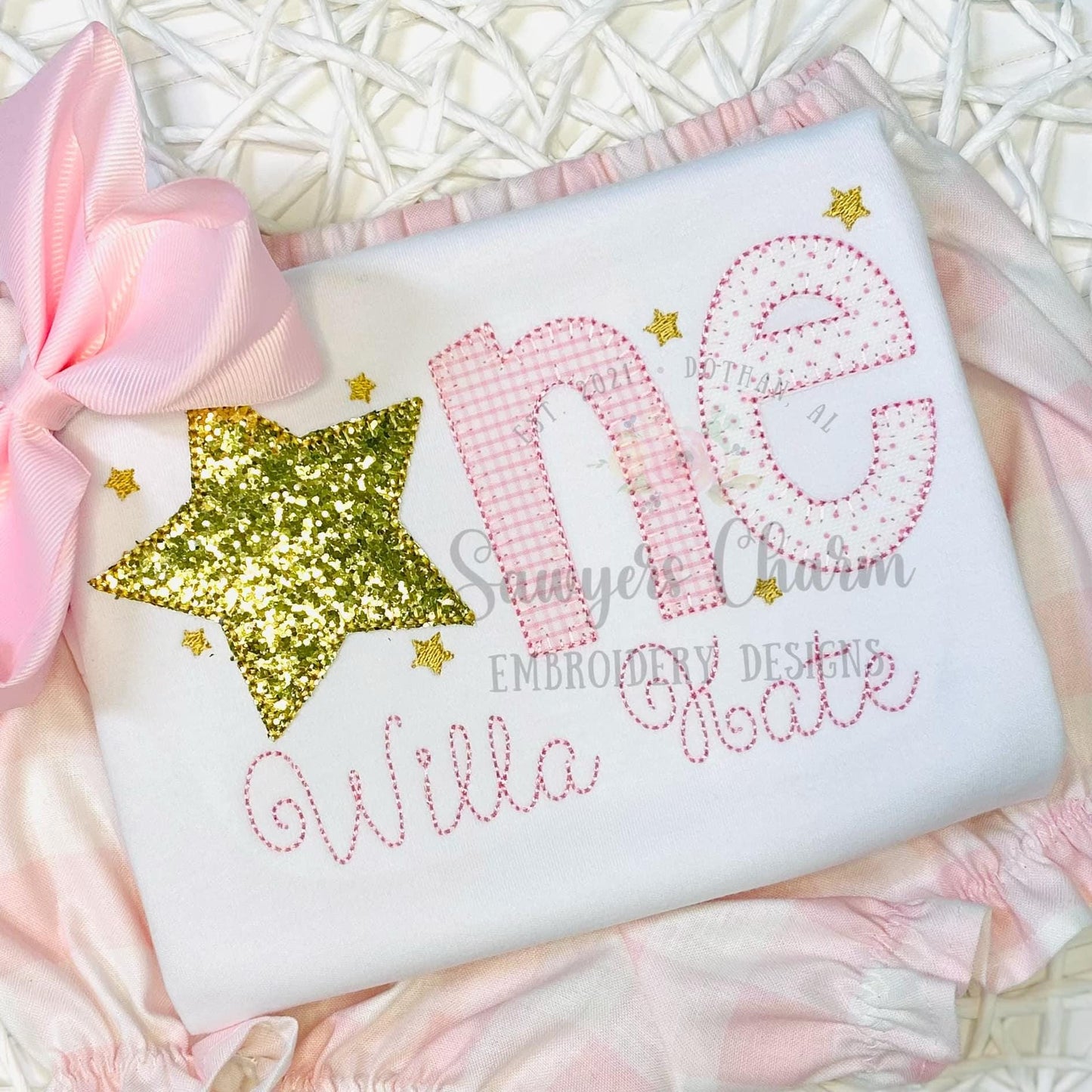 ONE twinkle stars blanket stitch machine applique embroidery design file, quick stitch, first birthday, party, vintage stitch