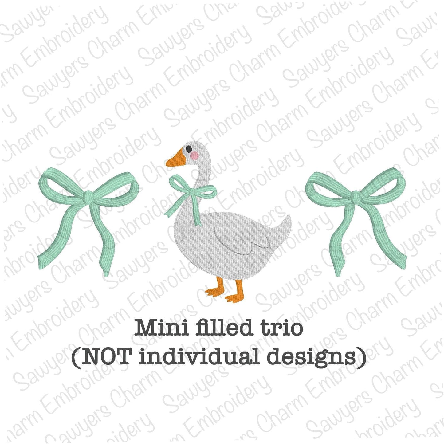 Goose with coquette bows fill stitch trio, machine embroidery design file, spring farm animal, quick stitch, Easter, duck, large sizes