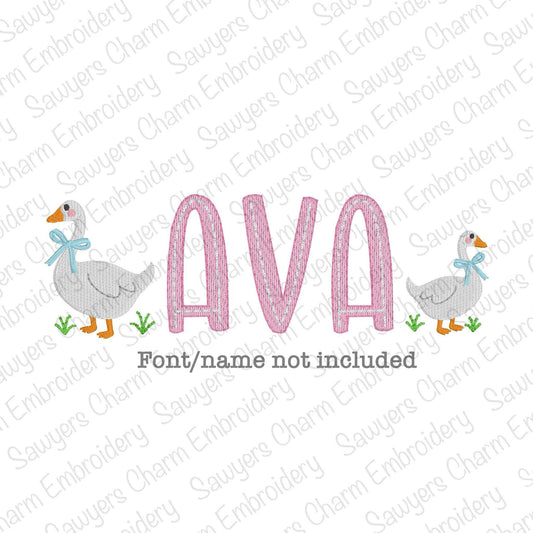 Mini filled Coquette goose in grass with bow machine embroidery design file, spring farm animal, quick stitch, Easter, duck, monograms