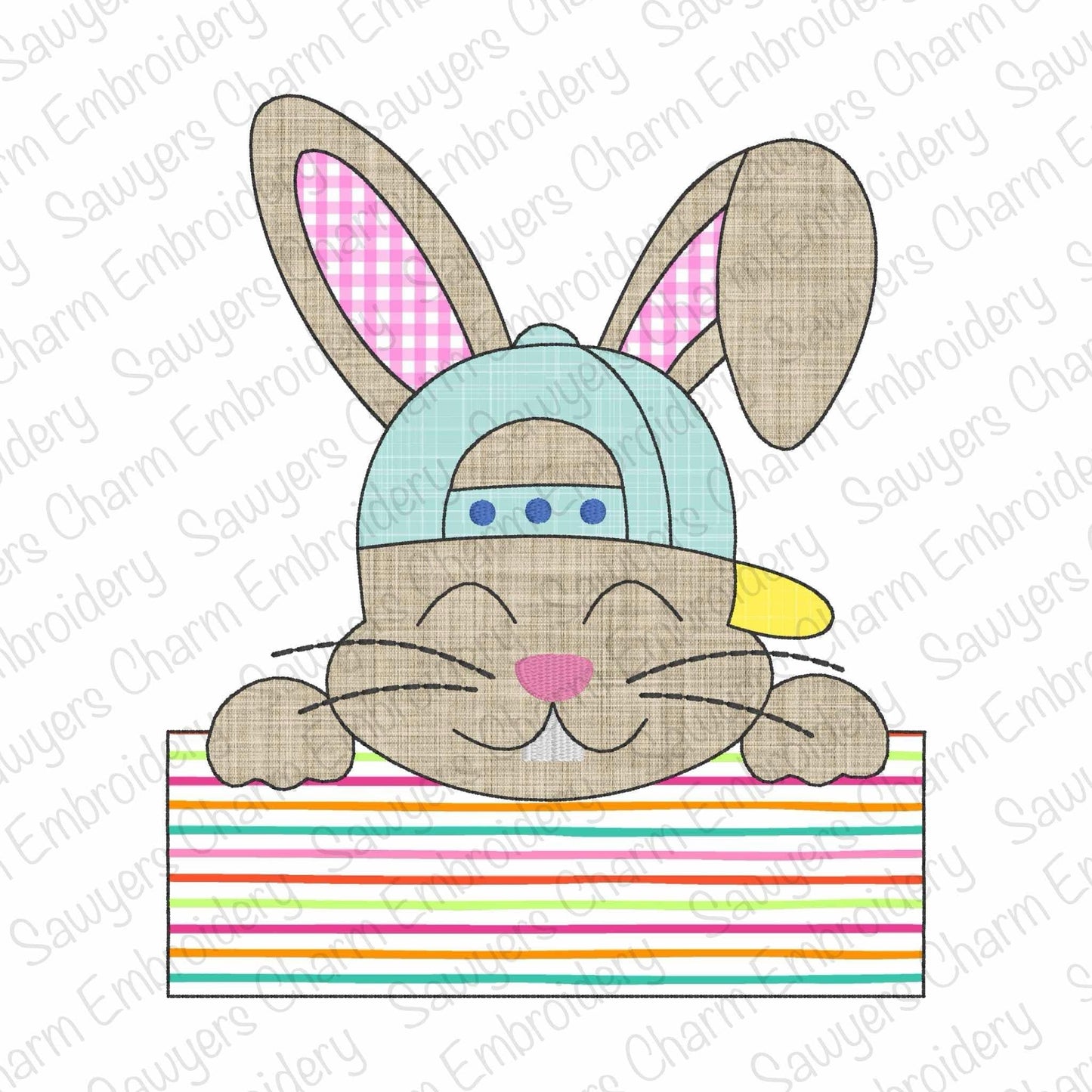 BUNDLE Bunny rabbit and baseball cap/hat with name plate bean & zigzag stitch machine applique embroidery design, quick stitch Easter Spring
