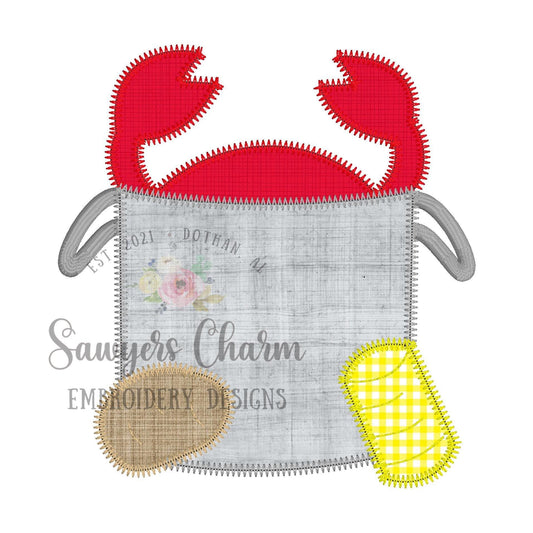 BUNDLE Crab boil in pot with potato and corn bean & zigzag stitch machine applique embroidery design, summer fun, cookout, Mardi Gras
