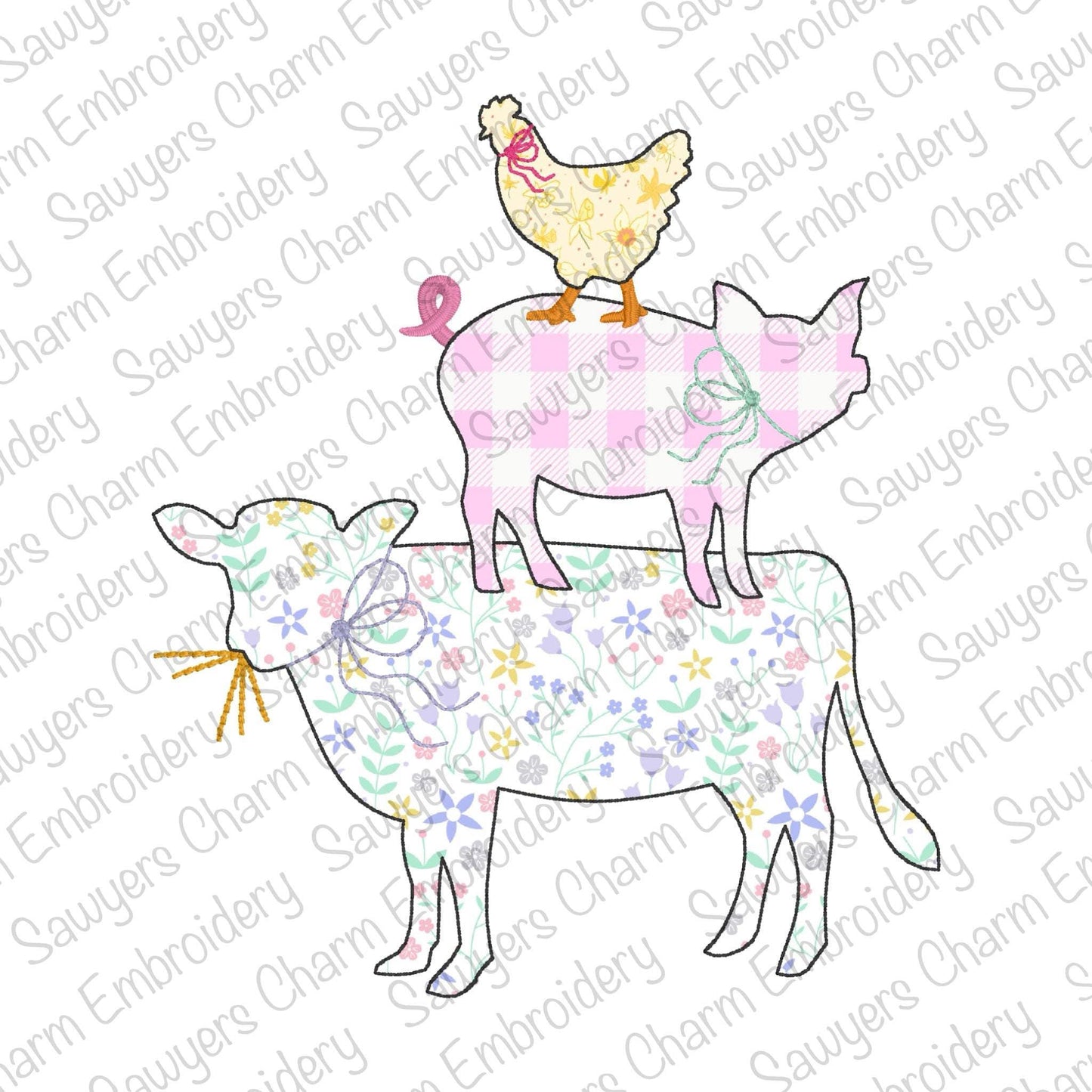 BUNDLE Stacked farm animals bean stitch machine applique embroidery design file, spring chicken, cow, pig, with/without coquette bows, hay