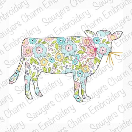 BUNDLE Cow bean stitch machine applique embroidery design file, spring farm animal, with/without coquette bow, moo, heifer, dairy farmer