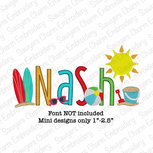 BUNDLE Mini fill summer beach ball, surf boards, sunglasses, sunshine, sand pail & bucket machine embroidery designs, beach, lake, ocean