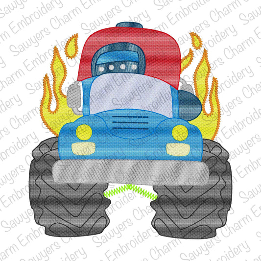 Monster truck with ball cap/hat & fire sketch stitch machine embroidery design, mudding, rally, off roading, vehicle transportation, racing