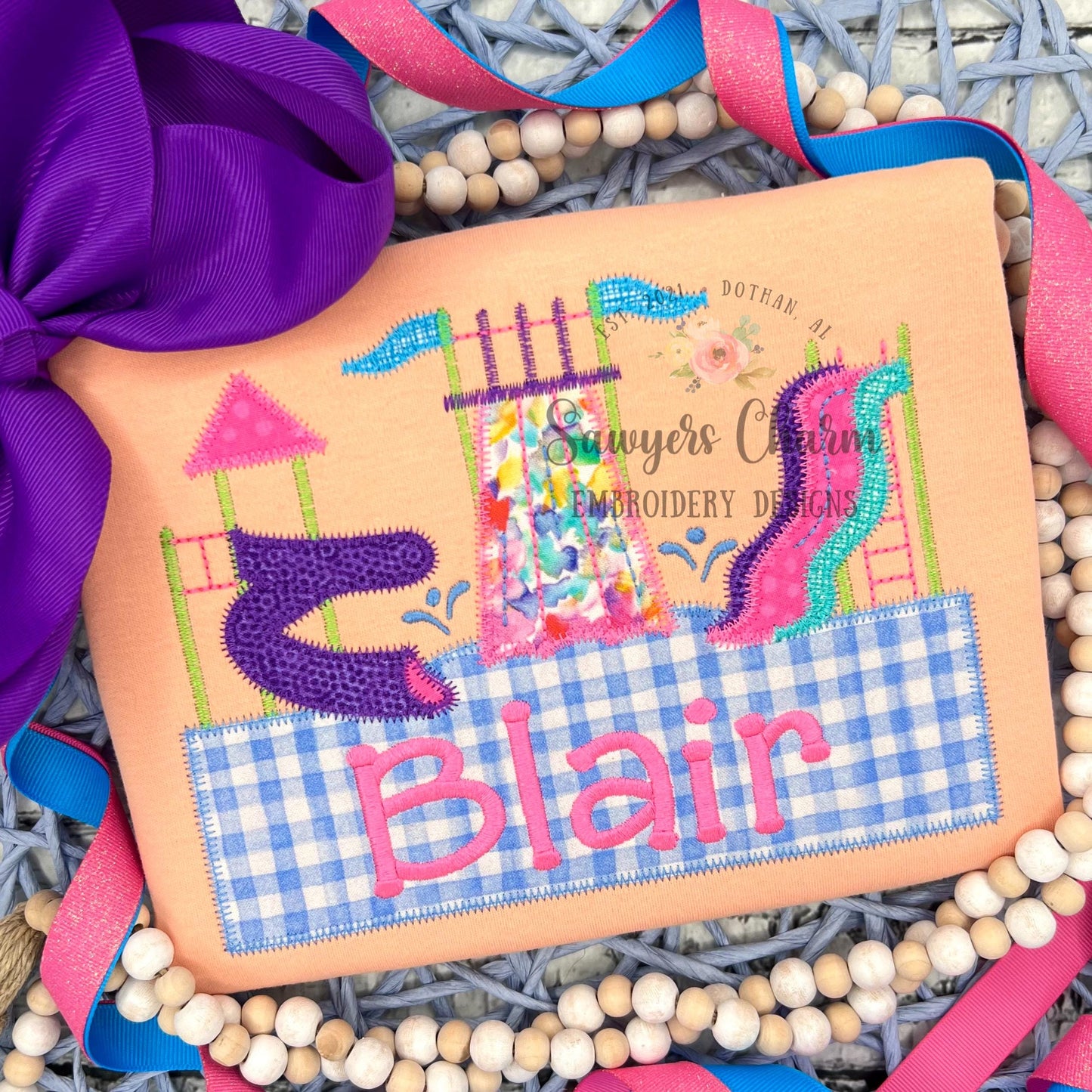 BUNDLE Water park slides trio bean & zig zag stitch machine embroidery design file, quick stitch, summer fun, pool, swimming, play outside