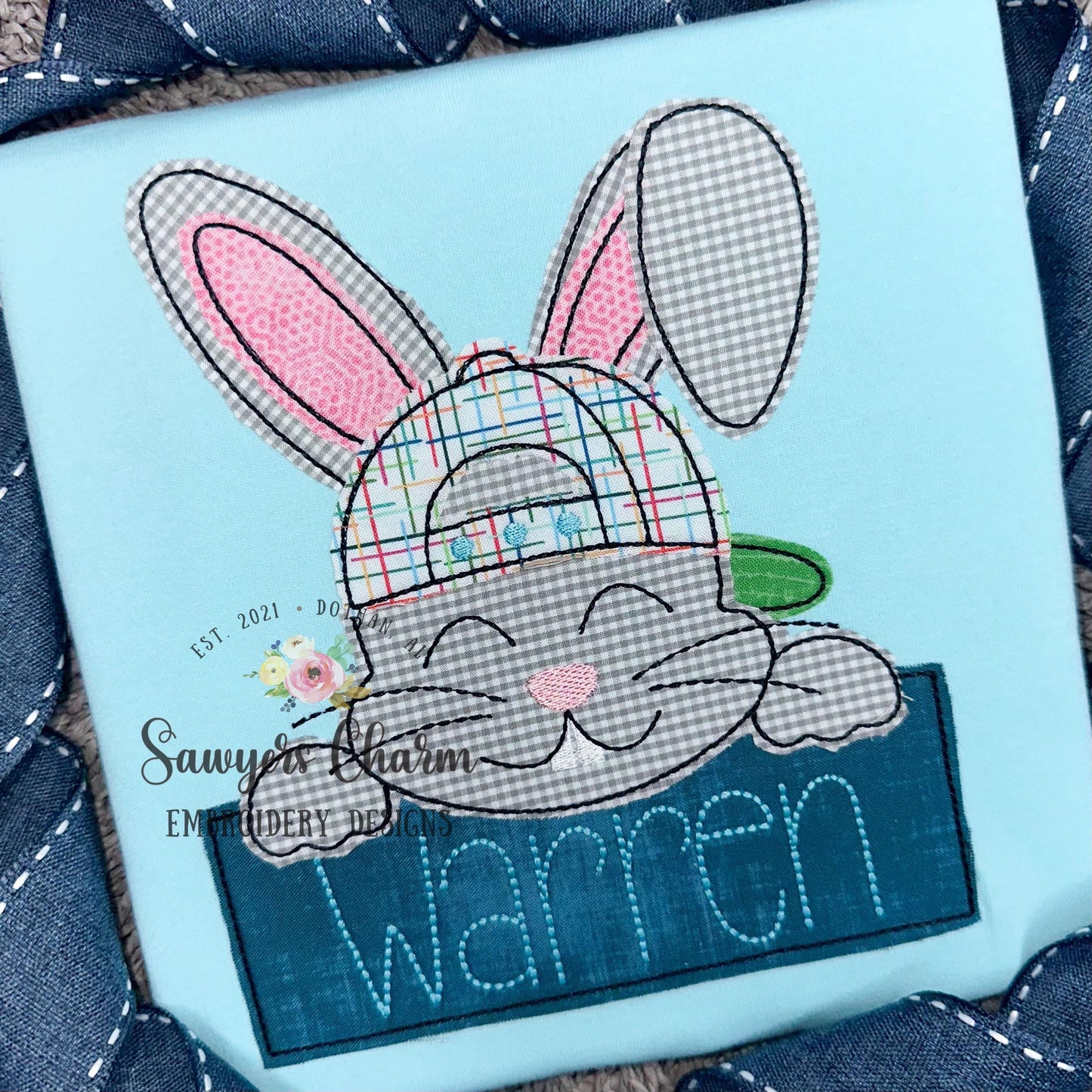BUNDLE Bunny rabbit and baseball cap/hat with name plate bean & zigzag stitch machine applique embroidery design, quick stitch Easter Spring