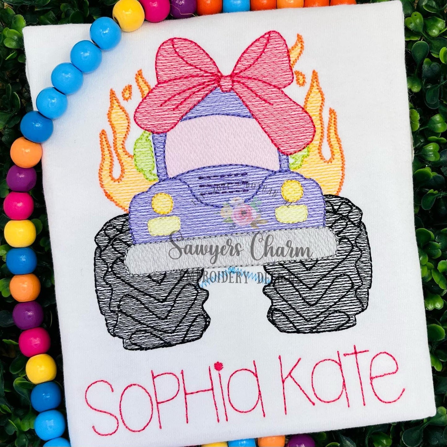 Monster truck with coquette bow & fire sketch stitch machine embroidery design, mudding, rally, off roading, vehicle transportation, racing
