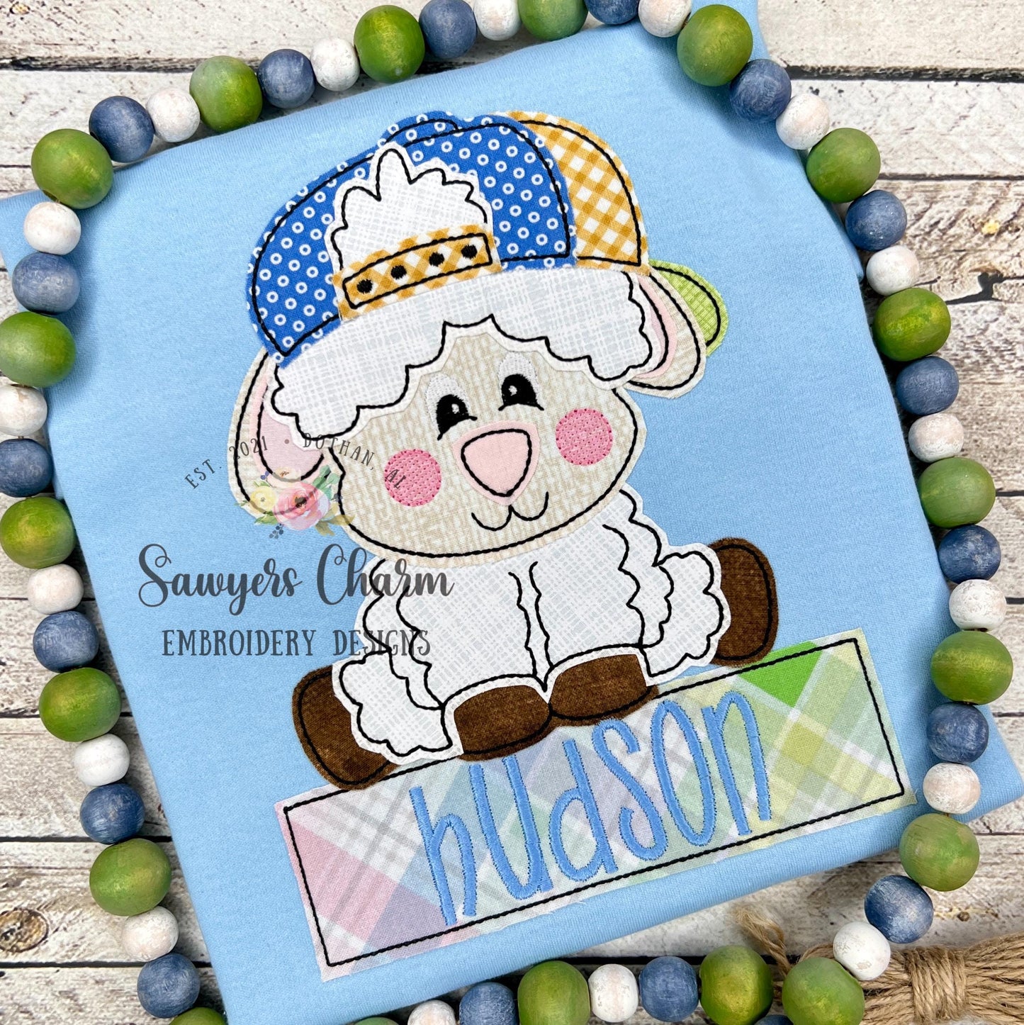 Sheep/lamb with baseball cap/hat bean stitch machine applique embroidery design file, spring farm animal, quick stitch, Easter