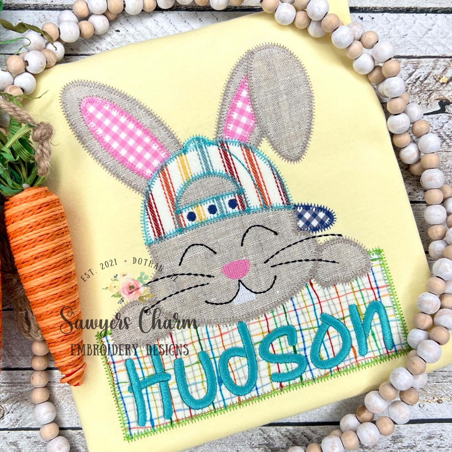 BUNDLE Bunny rabbit and baseball cap/hat with name plate bean & zigzag stitch machine applique embroidery design, quick stitch Easter Spring