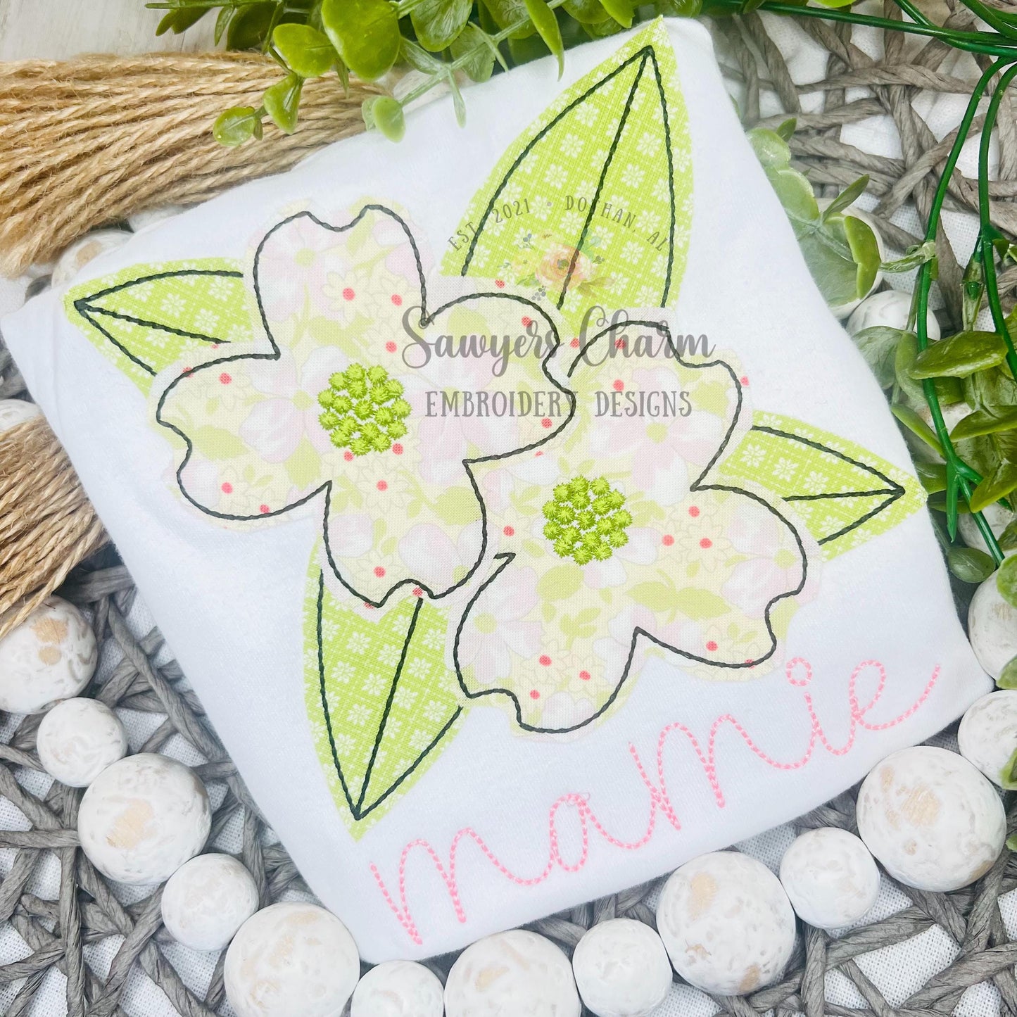 Dogwood tree flowers bean stitch machine applique embroidery design file, quick stitch, spring floral, Easter garden