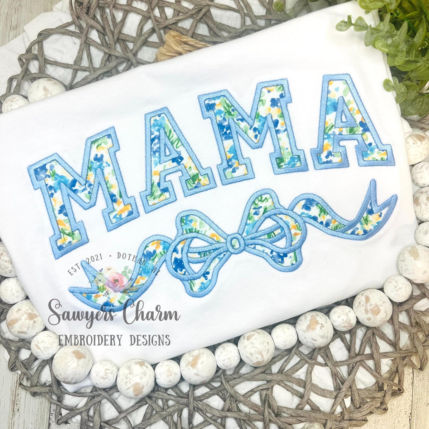 Mama with coquette bow satin stitch machine embroidery design file, Mother's Day, love, Valentine's Day, athletic style letters