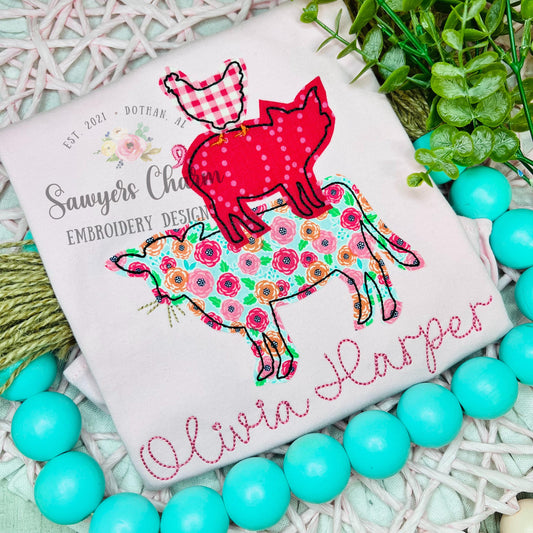 BUNDLE Stacked farm animals bean stitch machine applique embroidery design file, spring chicken, cow, pig, with/without coquette bows, hay