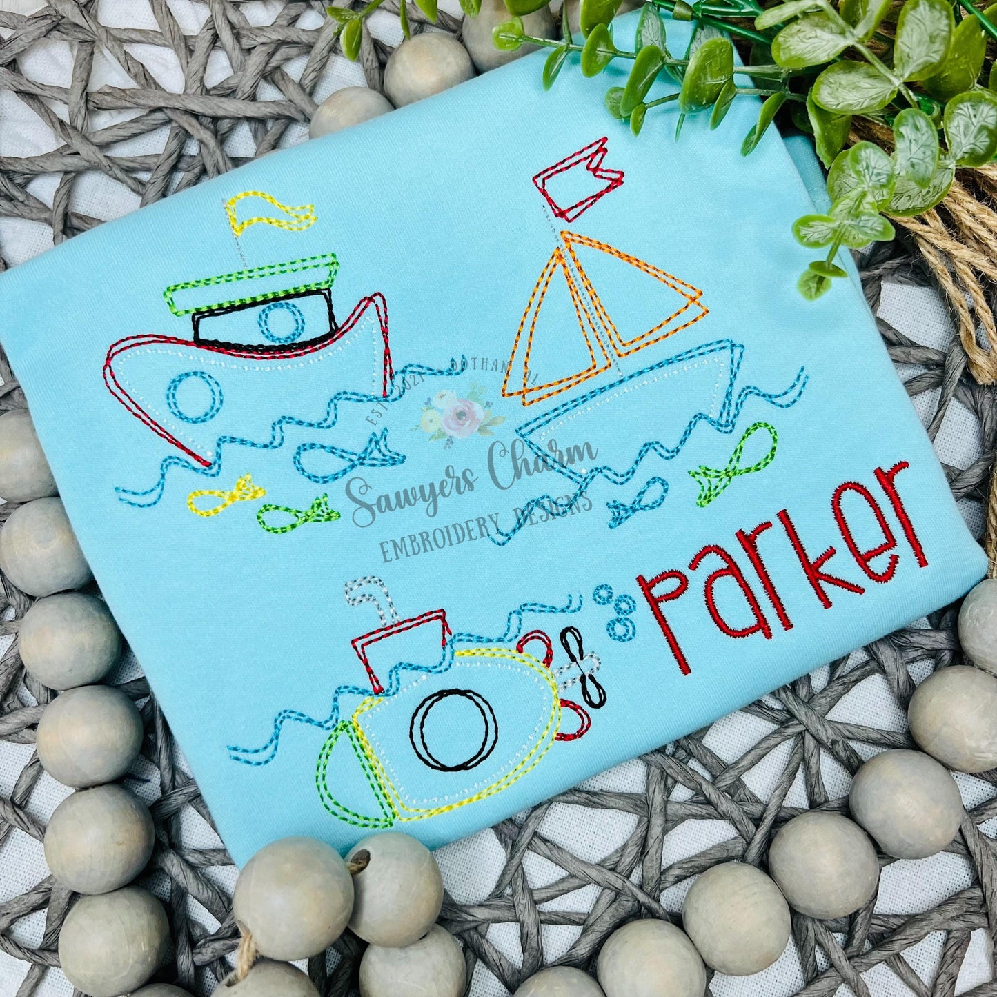 Squiggly boats trio with fish bean stitch machine embroidery design file, quick stitch, tug boat, sail boat, submarine, ocean beach water