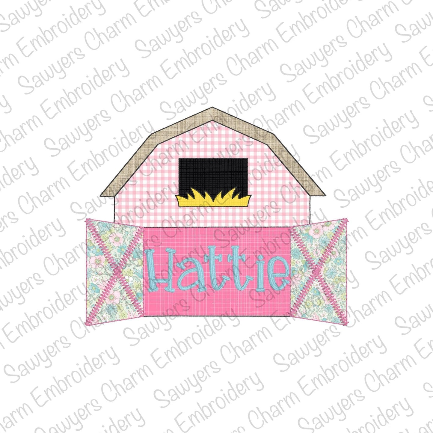 BUNDLE Barn with open doors name plate bean & zigzag stitch machine applique embroidery design file, spring farm animals, quick stitch, hay