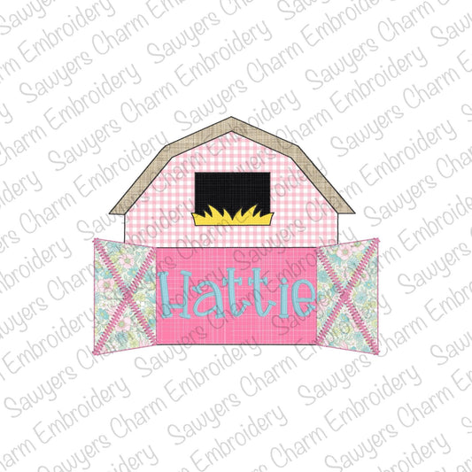 BUNDLE Barn with open doors name plate bean & zigzag stitch machine applique embroidery design file, spring farm animals, quick stitch, hay