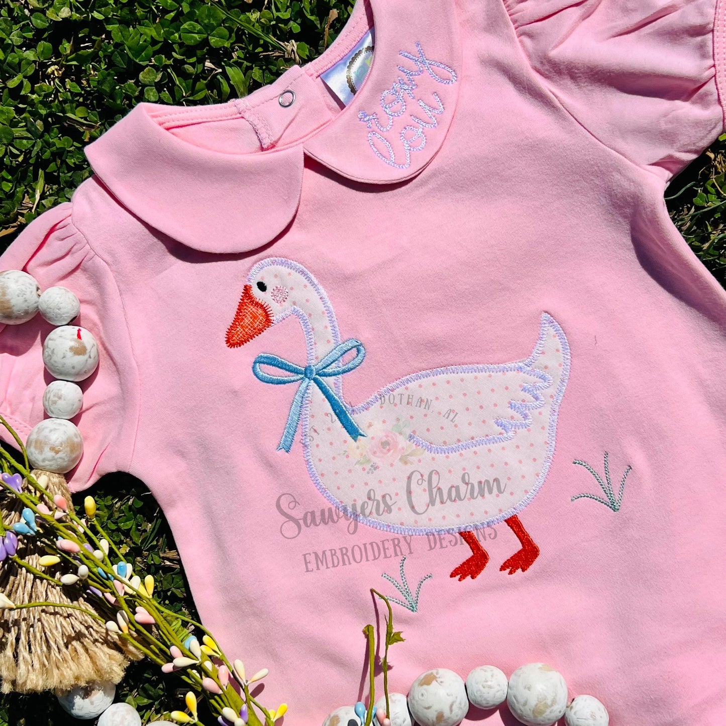 BUNDLE Coquette goose with bow bean & zigzag stitch machine applique embroidery design file, spring farm animal, quick stitch, Easter, duck