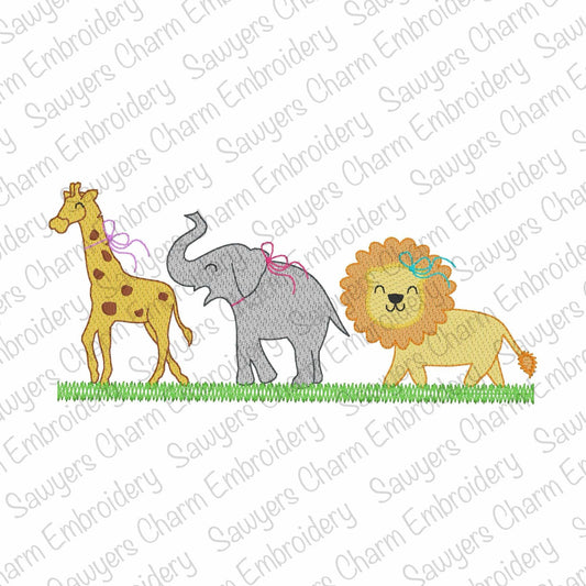 BUNDLE Zoo/jungle/safari animals with/without bows sketch stitch trio, machine embroidery design, giraffe, elephant, lion, quick stitch
