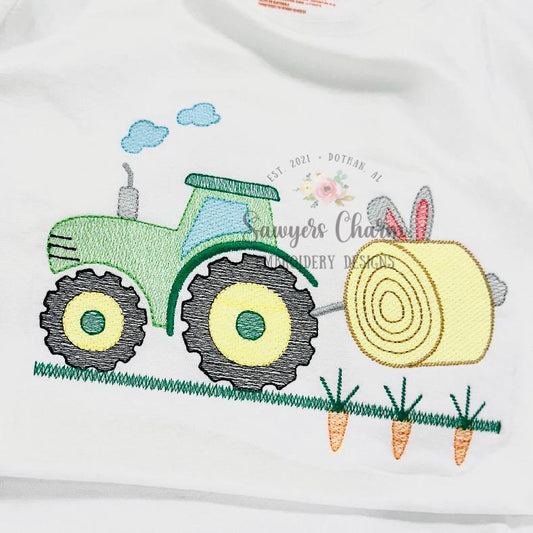 Easter tractor with egg hay bale, bunny ears, & carrots sketch stitch machine embroidery design, quick stitch, spring harvest, farmer, field