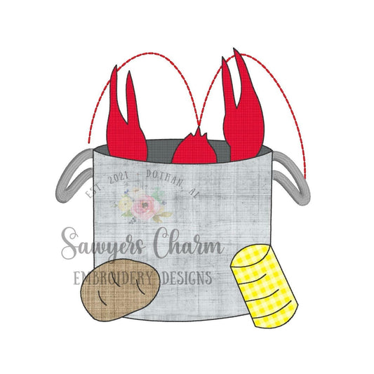 BUNDLE Crayfish boil in pot with potato and corn bean & zigzag stitch machine applique embroidery design, summer fun, cookout, Mardi Gras