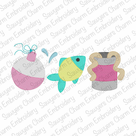BUNDLE Bobber, fish, bait can of worms trio with/without coquette bow, sketch stitch machine embroidery design, spring, fishing, lake pond