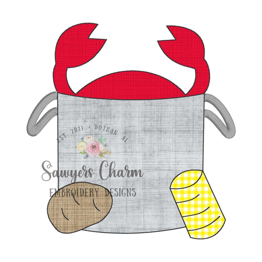 BUNDLE Crab boil in pot with potato and corn bean & zigzag stitch machine applique embroidery design, summer fun, cookout, Mardi Gras