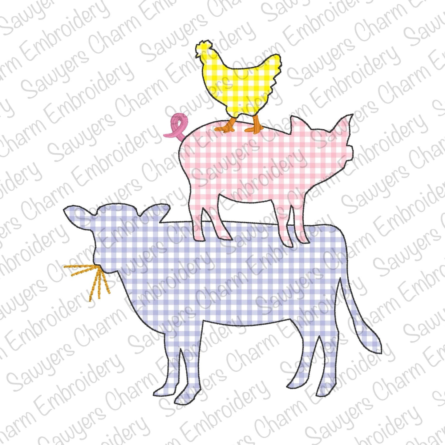 BUNDLE Stacked farm animals bean stitch machine applique embroidery design file, spring chicken, cow, pig, with/without coquette bows, hay