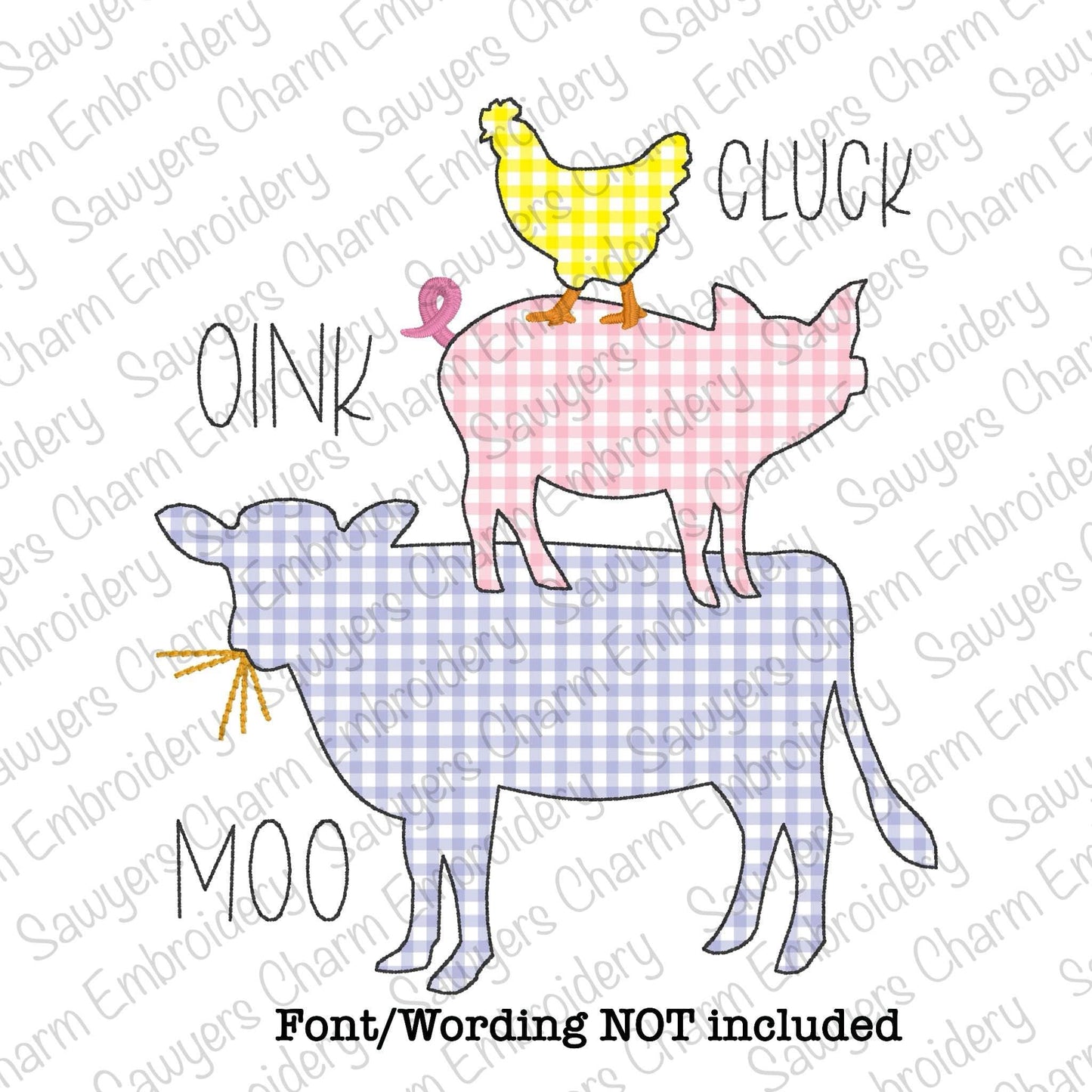 BUNDLE Stacked farm animals bean stitch machine applique embroidery design file, spring chicken, cow, pig, with/without coquette bows, hay