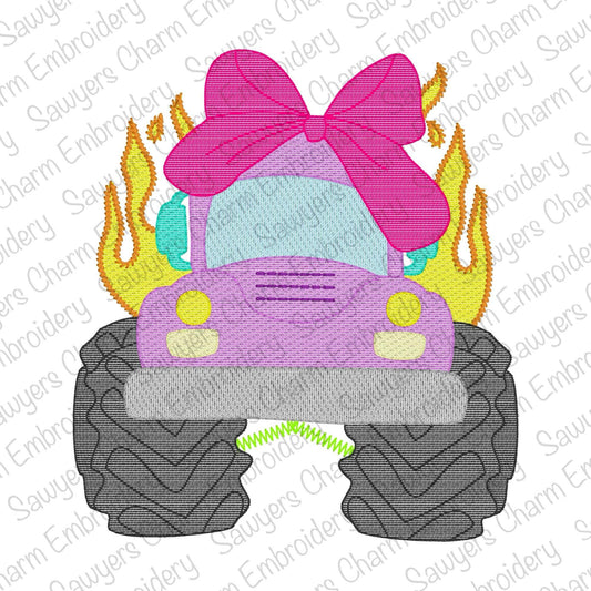 Monster truck with coquette bow & fire sketch stitch machine embroidery design, mudding, rally, off roading, vehicle transportation, racing