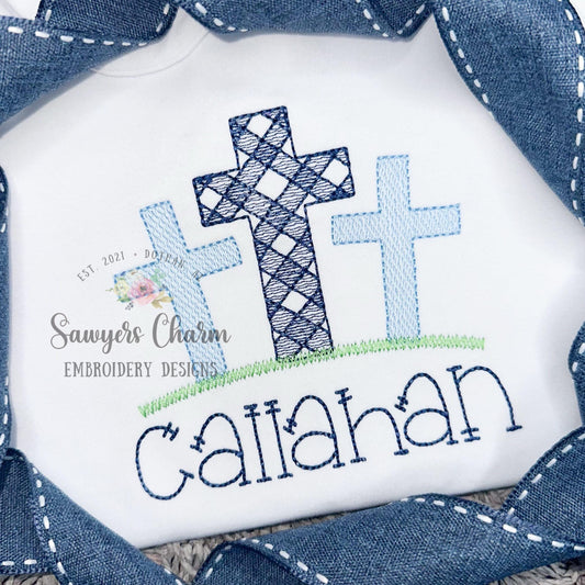 Gingham cross trio sketch stitch machine embroidery design, Easter Sunday, He is risen