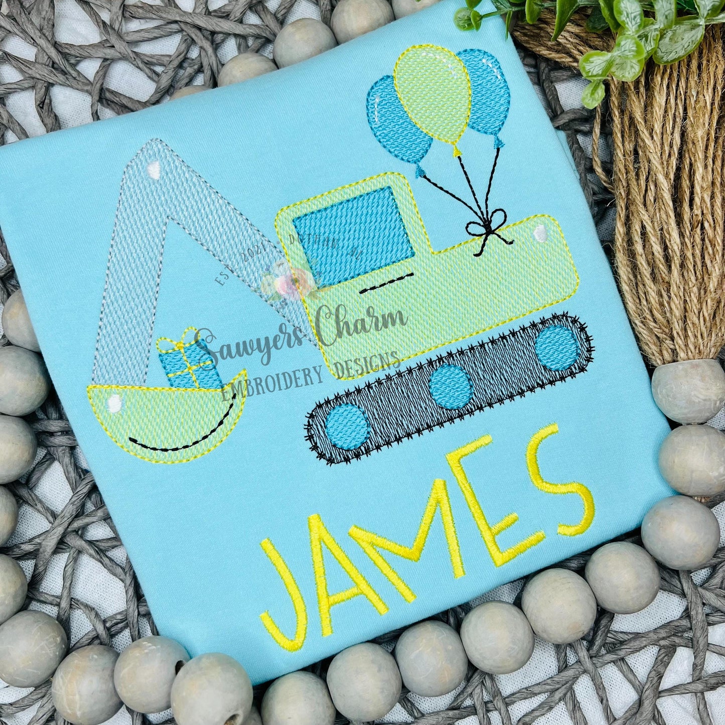 Birthday party excavator with balloons & gift/present sketch stitch machine embroidery design, construction, transportation, city vehicle