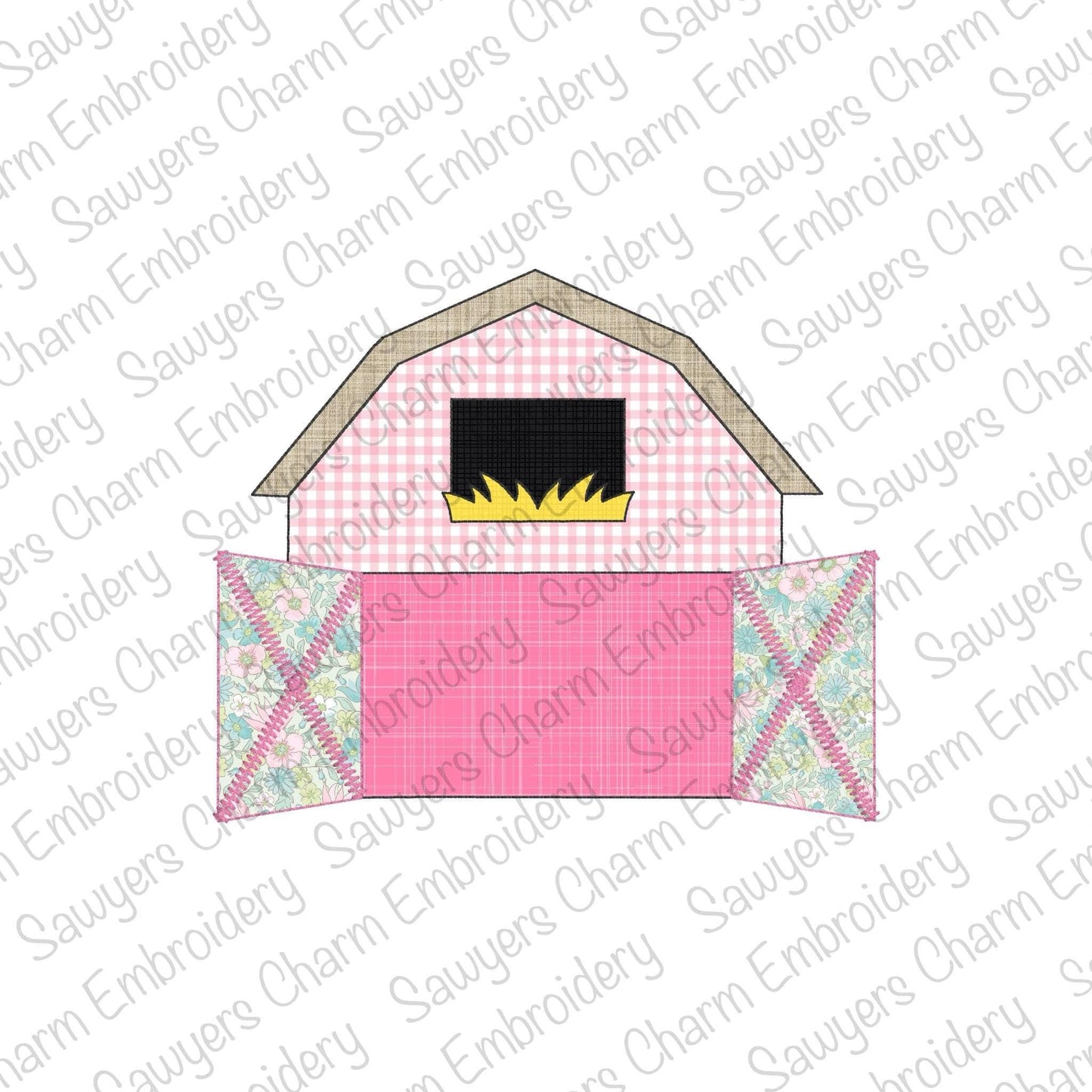 BUNDLE Barn with open doors name plate bean & zigzag stitch machine applique embroidery design file, spring farm animals, quick stitch, hay
