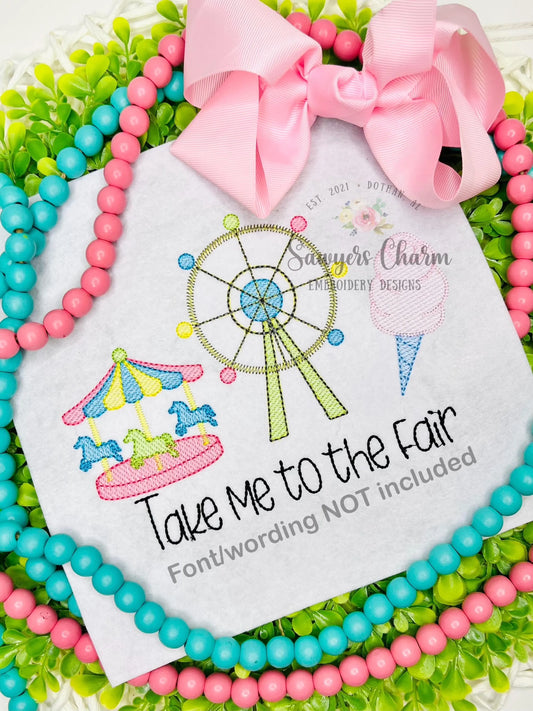 BUNDLE of individual fair rides & food, sketch stitch embroidery designs, roller coaster, ferris wheel, roller coaster, lemonade, carousel