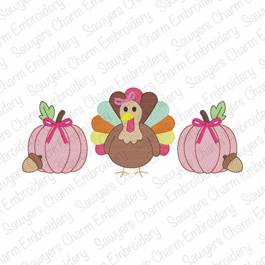 Colorful turkey with pink bows on pumpkins on a white background with 'Sauyer's Charm Embroidery' watermark.