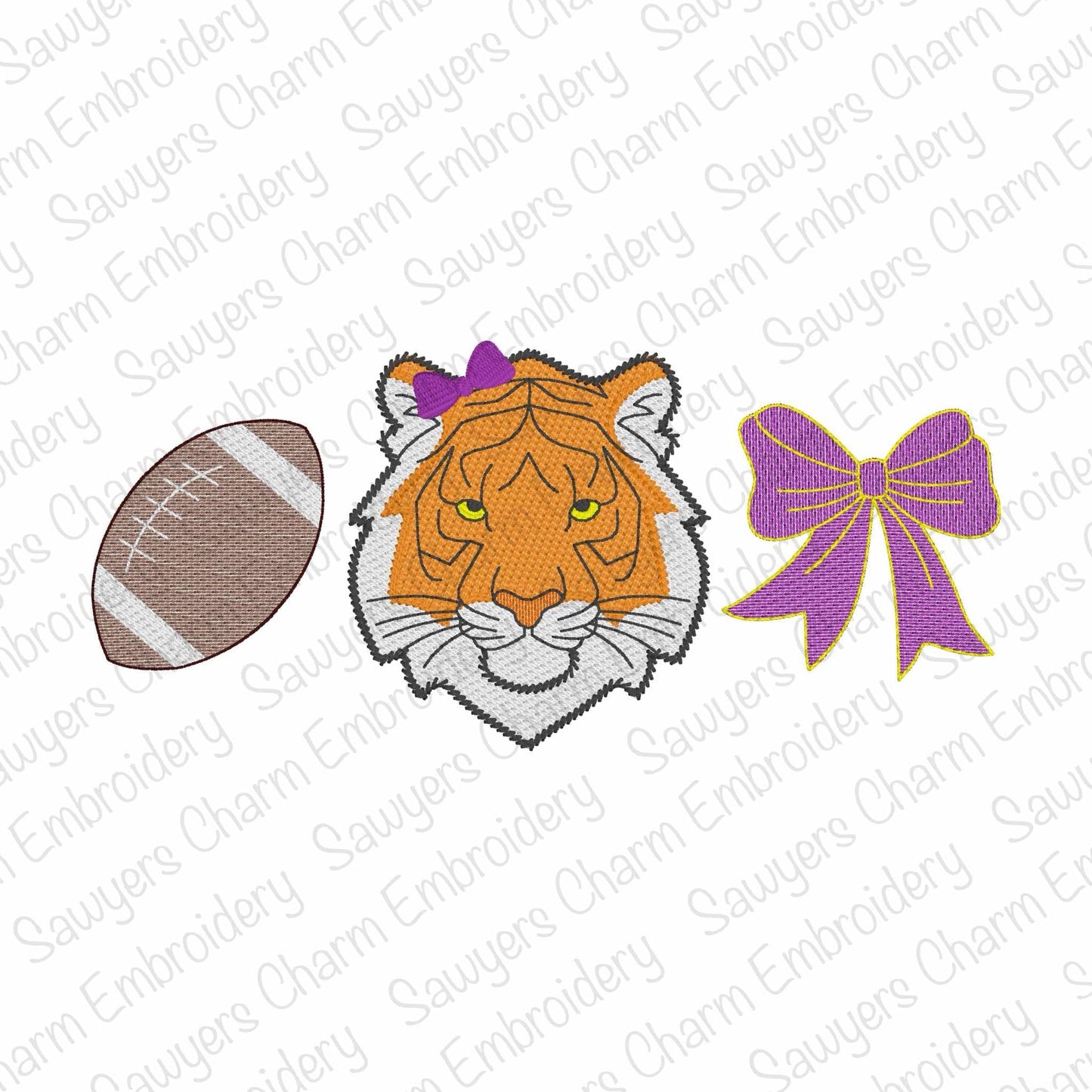 Embroidery design of a tiger face with a football and purple bow on a white background.