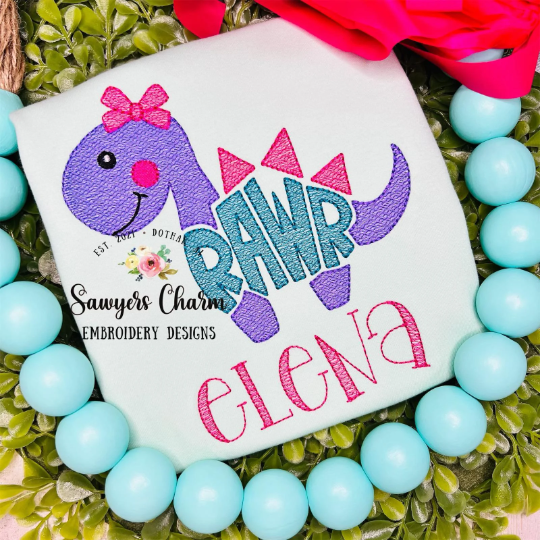BUNDLE Girl and boy RAWR Dinosaur sketch machine embroidery design file, quick stitch, bean stitch, with and without bows, Dino