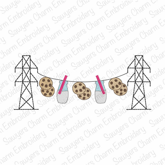 Transmission tower lineman milk & cookies bunting banner, sketch stitch machine embroidery design, bean stitch, power line