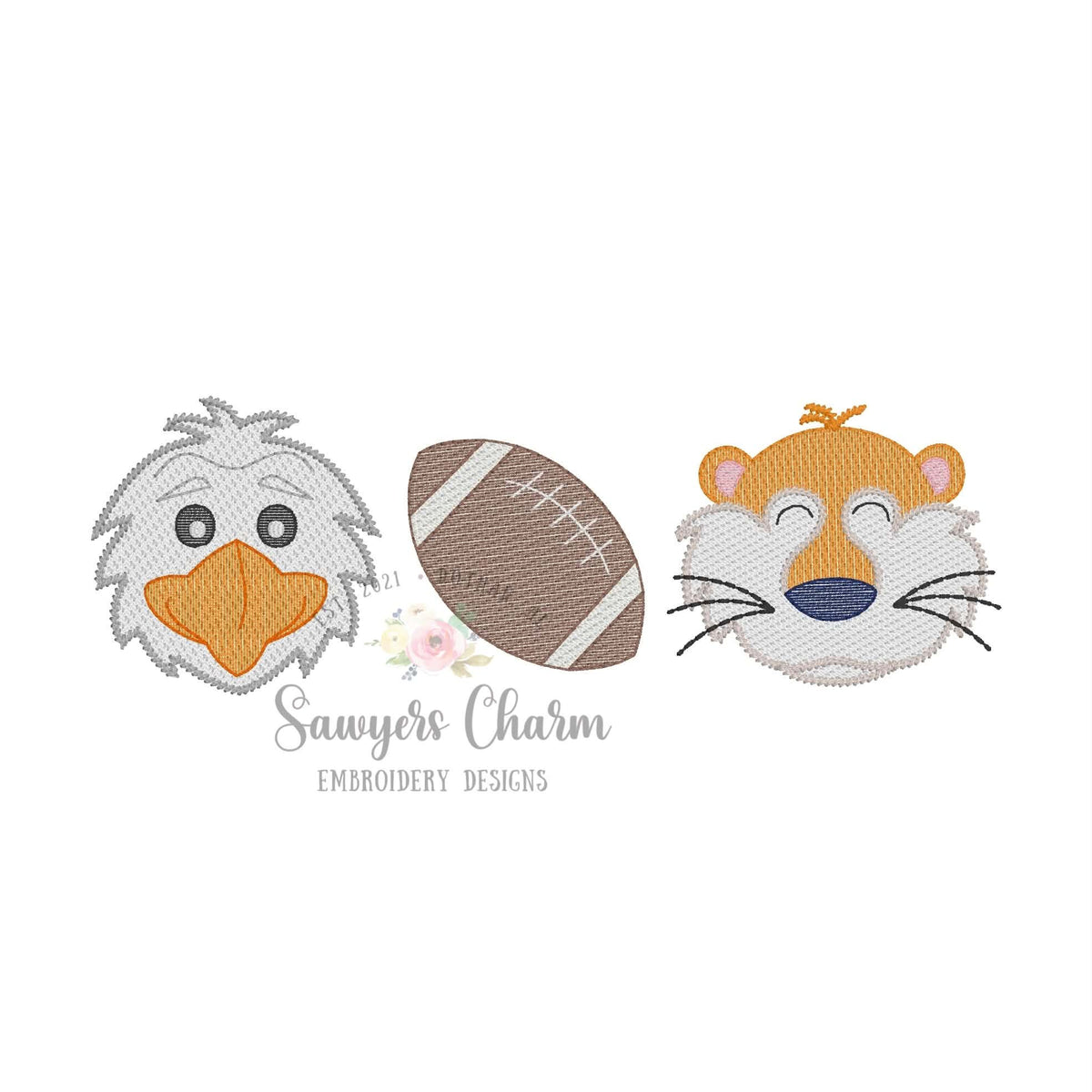 Eagle, football, and tiger trio, sketch stitch embroidery design BUNDLE, with/without bow, house divided mascots