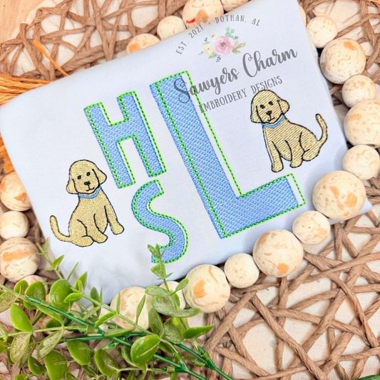 Puppy dog sketch stitch & mini fill embroidery design BUNDLE, with/without coquette bow, perfect for monograms