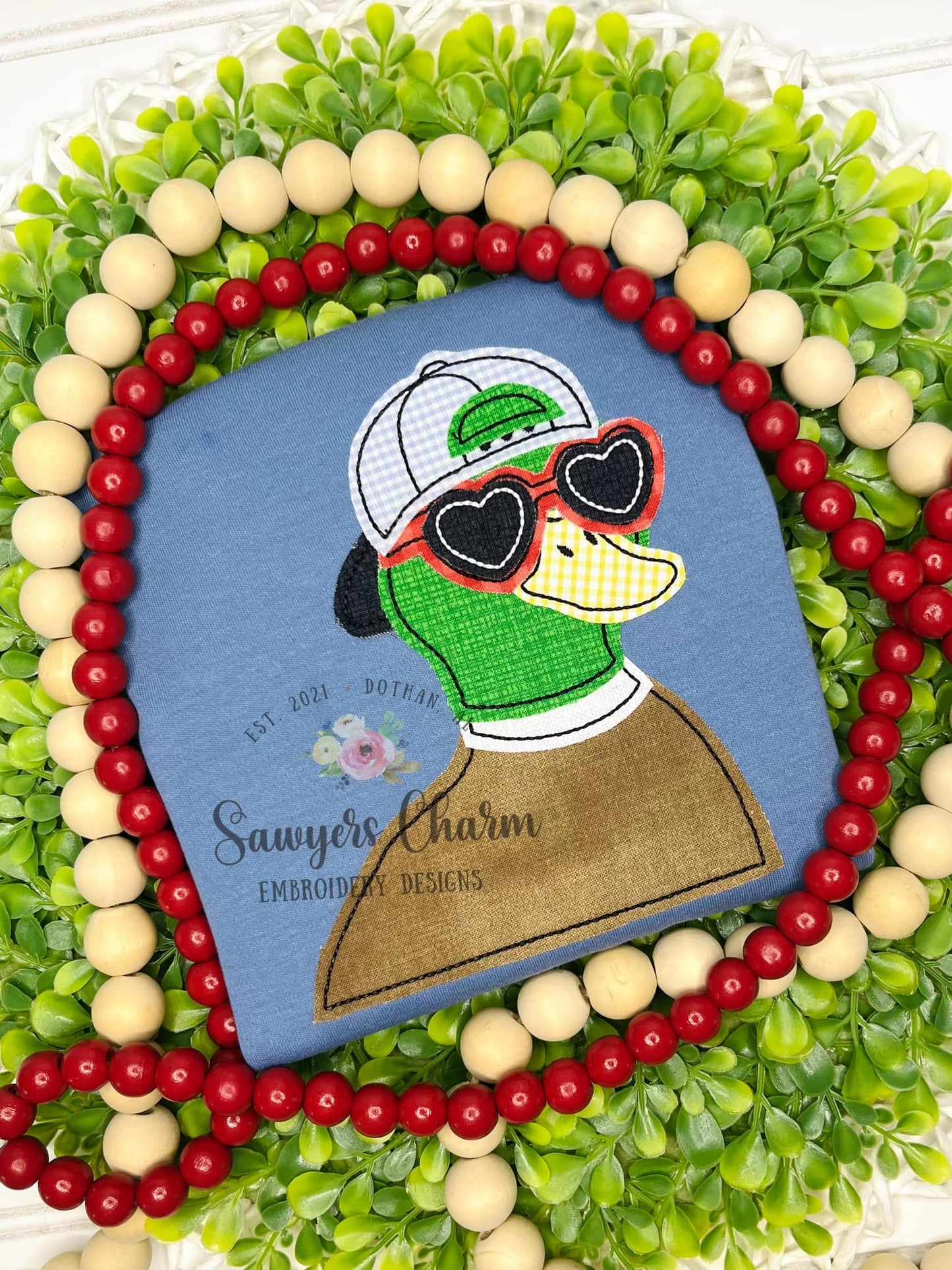 BUNDLE Valentine's Day Mallard duck with ball cap/hat and heart sunglasses bean & zig zag stitch machine applique embroidery design