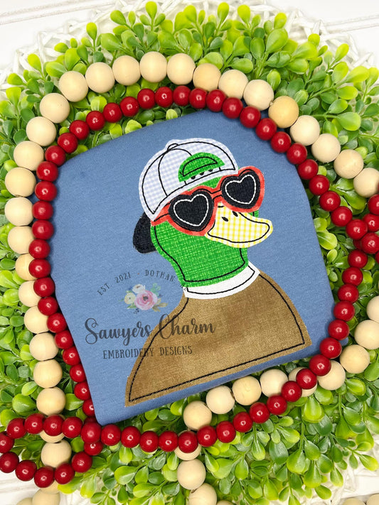 BUNDLE Valentine's Day Mallard duck with ball cap/hat and heart sunglasses bean & zig zag stitch machine applique embroidery design