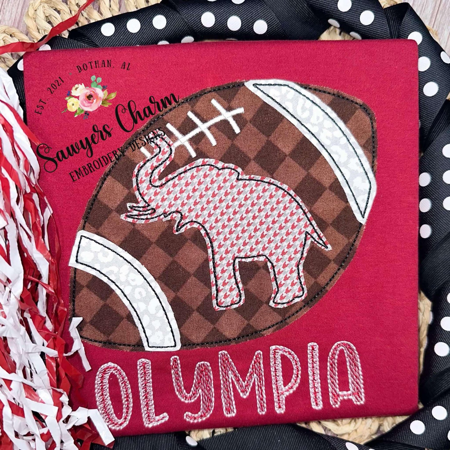 Sports football elephant silhouette bean stitch applique, machine embroidery design file, cheerleading mascot college high school university