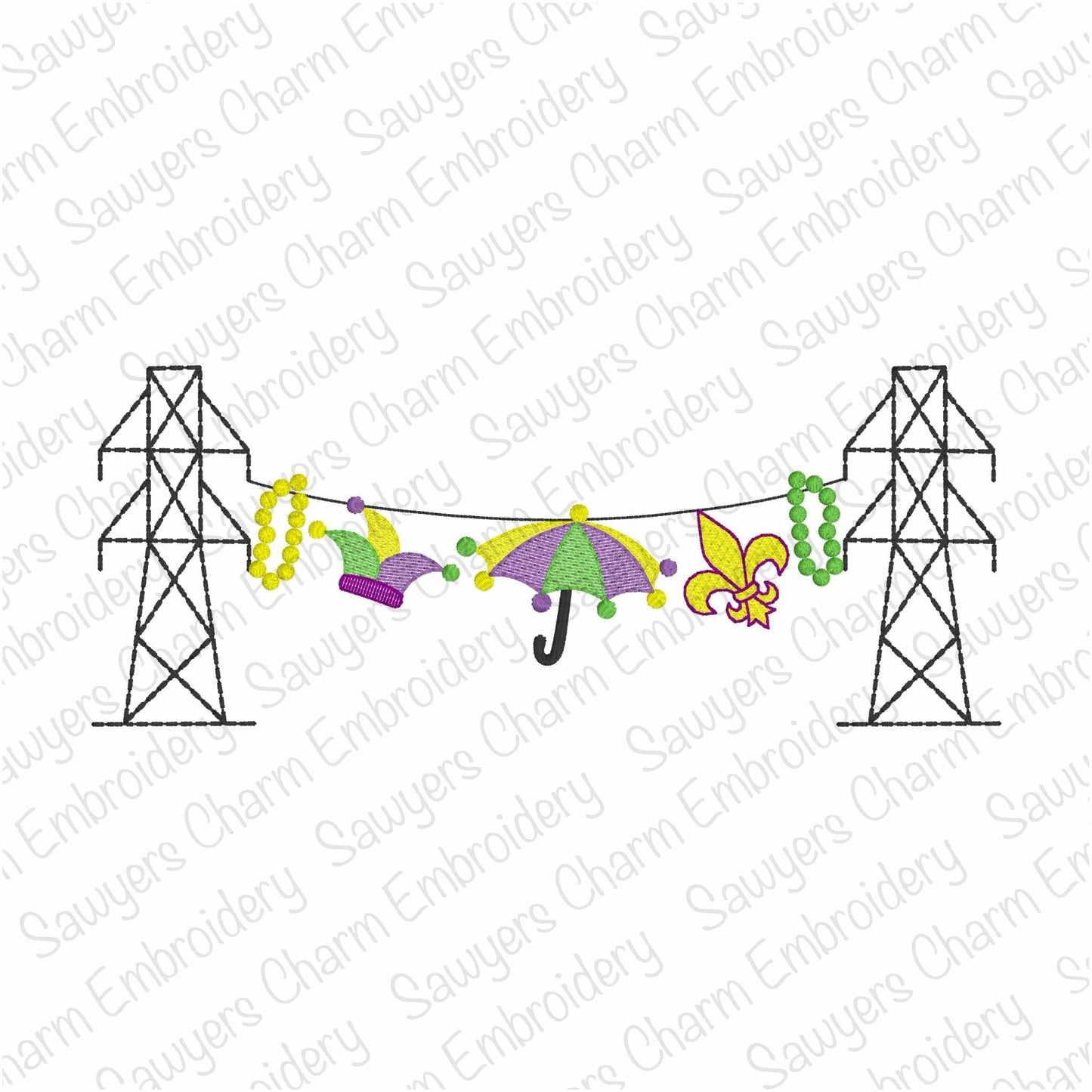 Transmission tower lineman Mardi Gras bunting banner, sketch stitch machine embroidery design, parade, fleur de lis, hat & beads, power line
