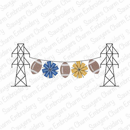 Transmission tower lineman football & pom poms bunting banner, sketch stitch machine embroidery design, fall sports cheerleading, power line