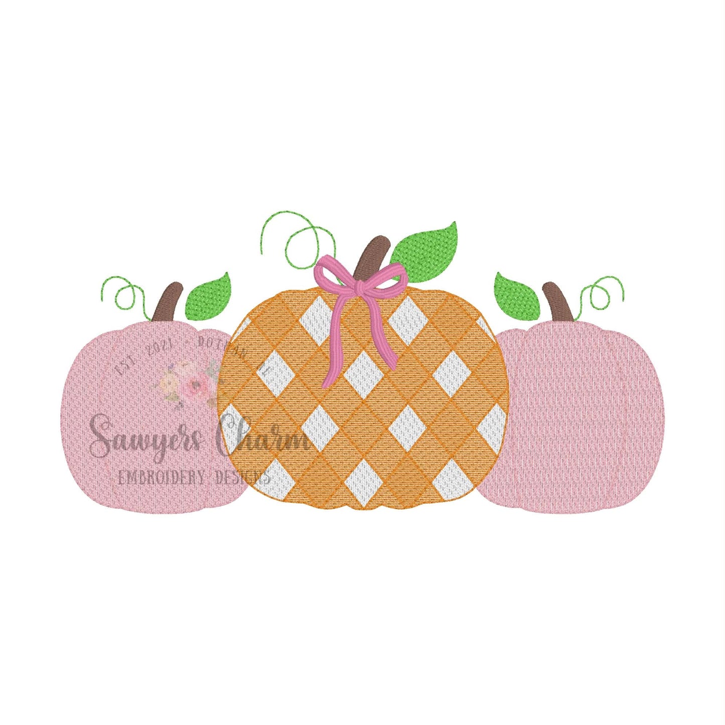 Gingham pumpkins trio, sketch stitch embroidery design BUNDLE, with/without coquette bow, fall