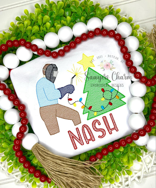 Christmas tree welder with lights & star sketch stitch machine embroidery design file, quick stitch, happy holidays Merry Christmas, welding